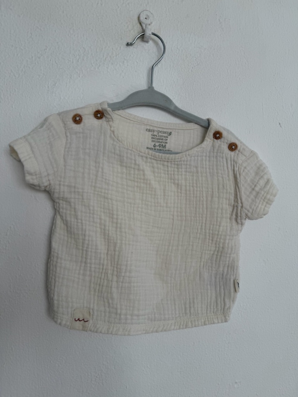 Easy Peasy Cream Baby Short Sleeve Top with Button Shoulders 100% Cotton